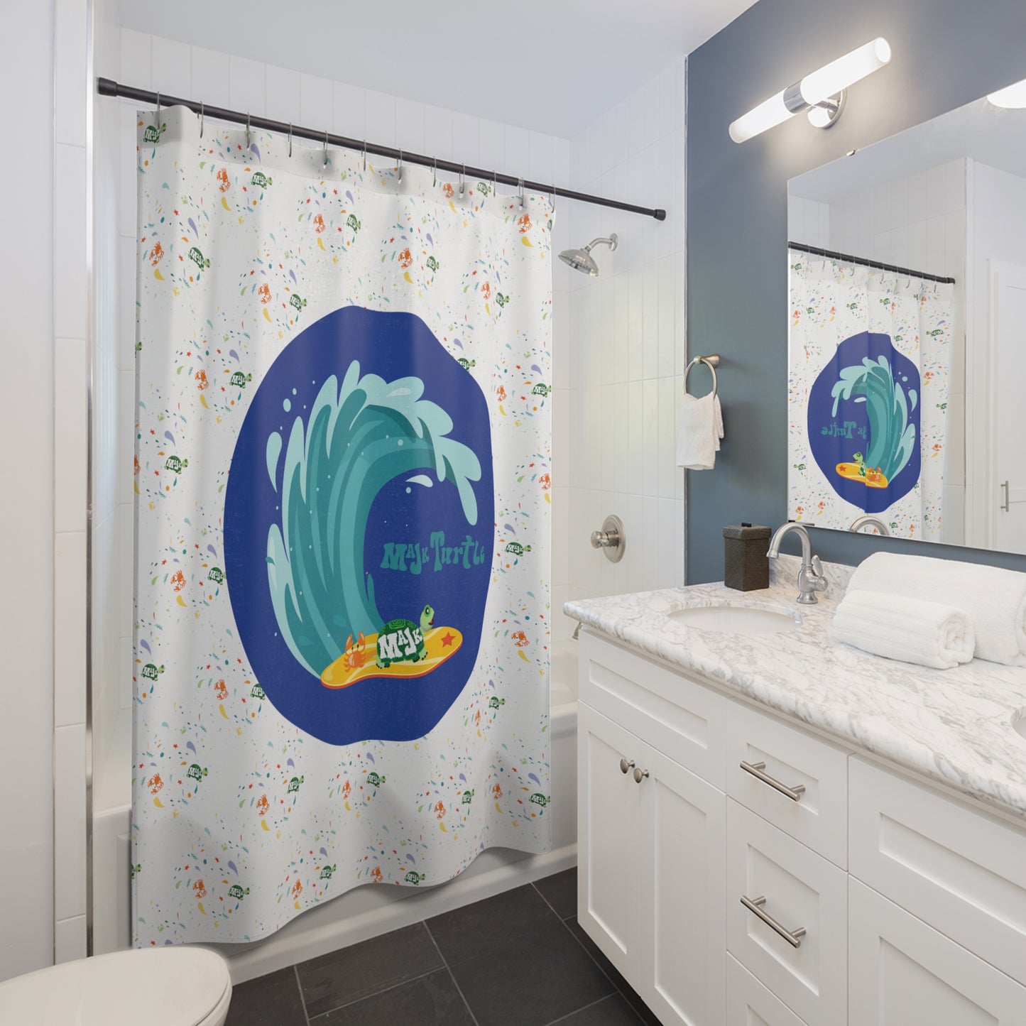 Shower Curtain, "Beach Day's Make Me Happy" (White)