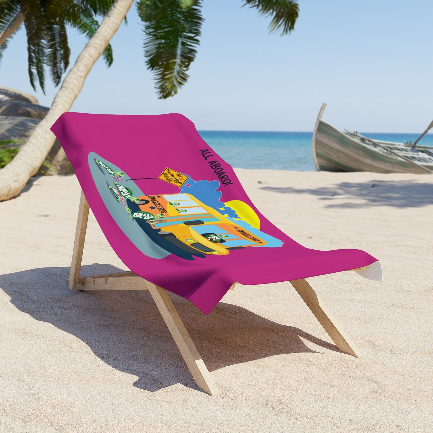 30 in x 60 in Kids Beach Towel "Snuggle Bus" (Raspberry)