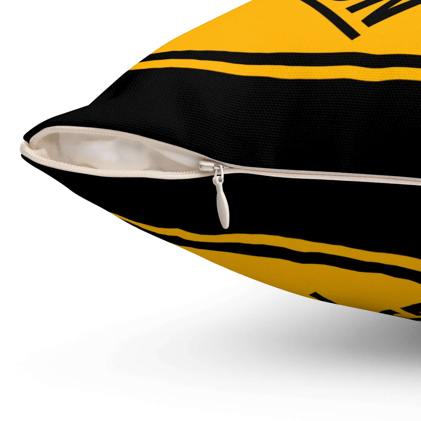 Close-up of the Turtle Caution throw pillow zipper, showcasing the black and yellow design and durable material.