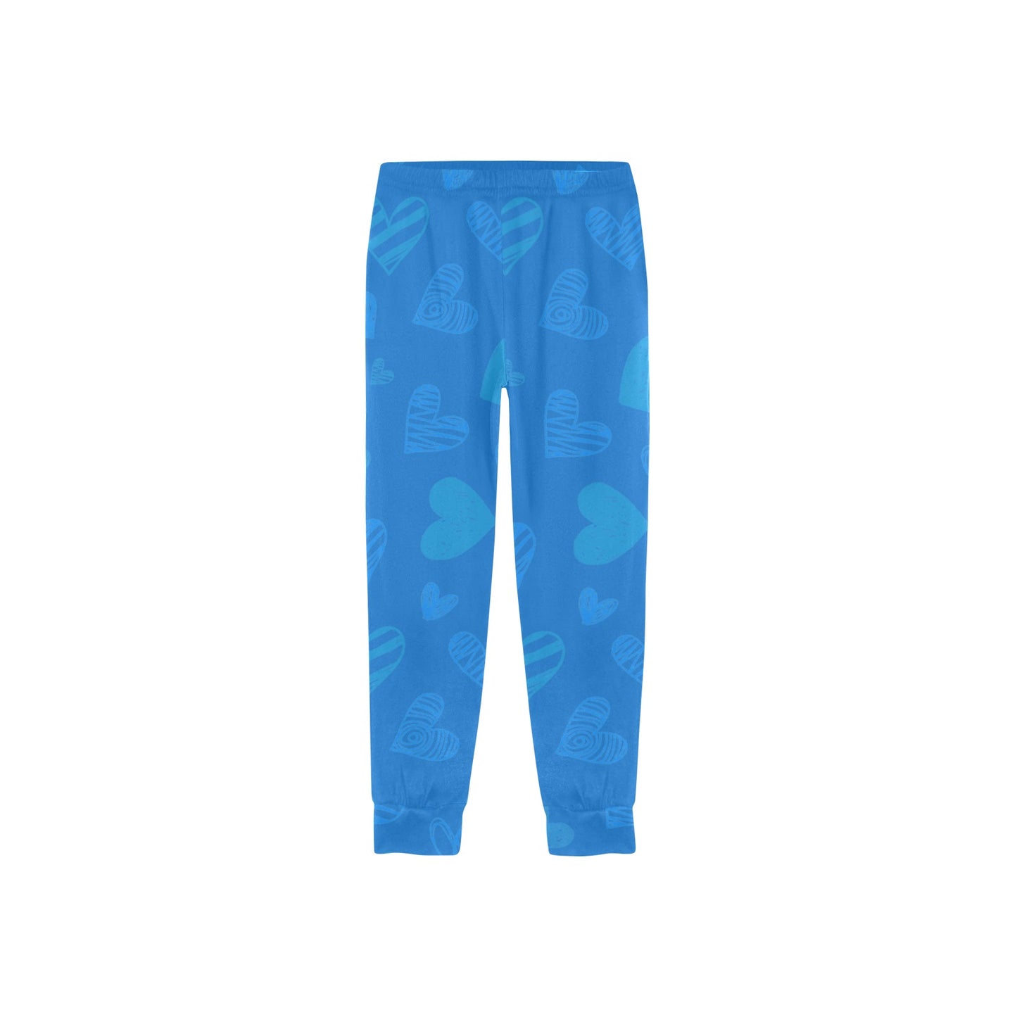 girls all over print pajama bottoms in vibrant blue with floating heart designs, perfect for cozy wear.