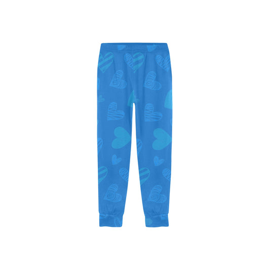 girls all over print pajama bottoms in vibrant blue with floating heart designs, perfect for cozy wear.