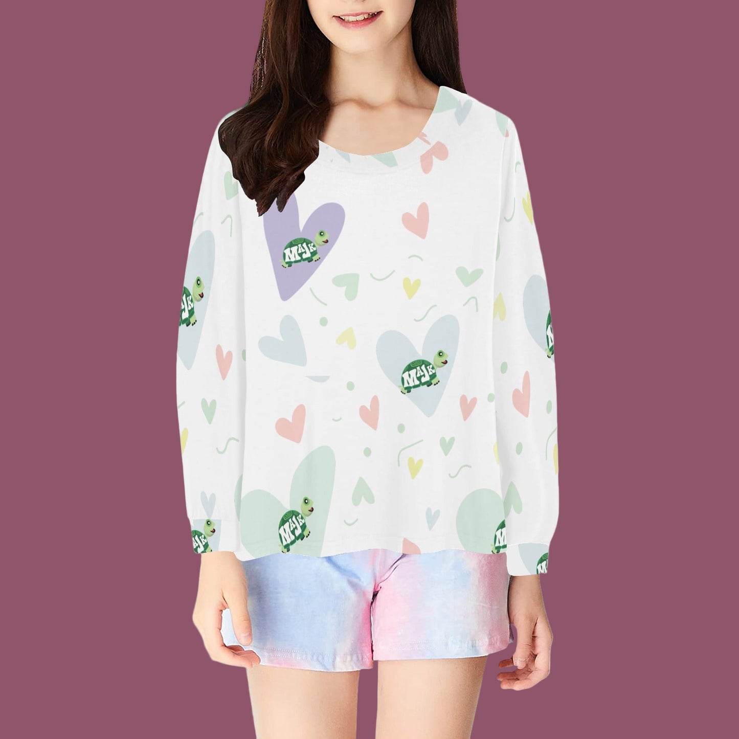 Girl's All Over Print Pajama Top "Turtally Loved"