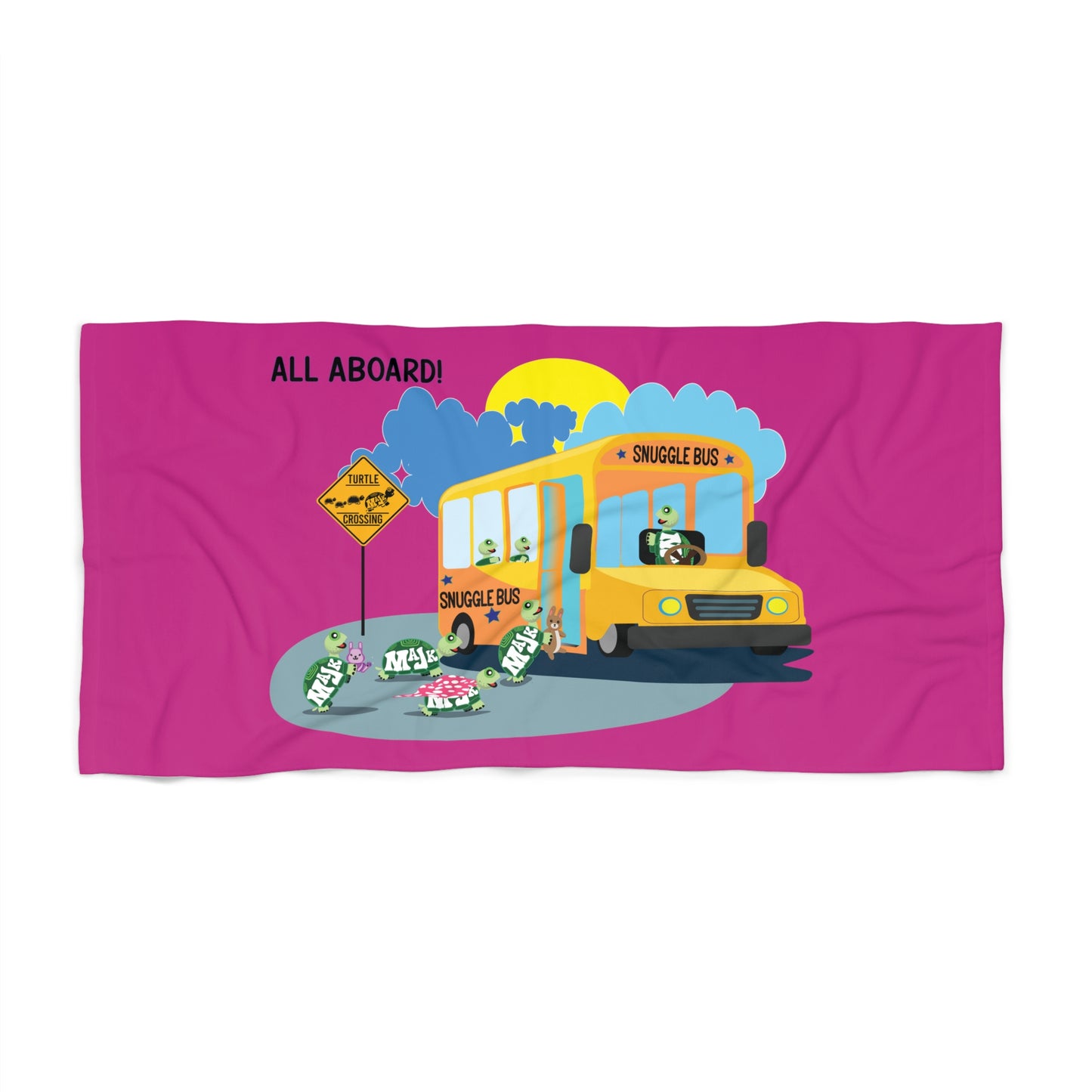 30 in x 60 in Kids Beach Towel "Snuggle Bus"  (Raspberry)