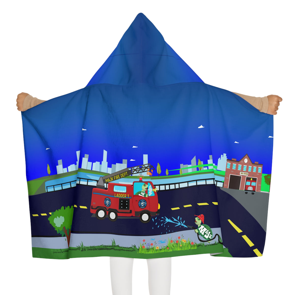 Kids Hooded Towel – Fire Truck Rescue Scene