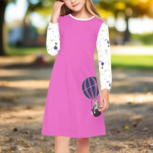 Girls long sleeve fall dress in pink with hot air balloon design, perfect for school and play.