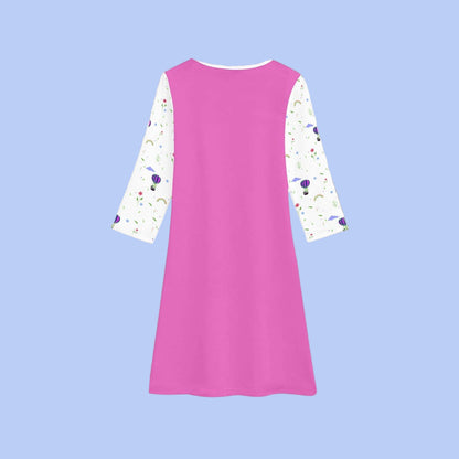 Girls long sleeve fall dress in pink with colorful balloon pattern sleeves, perfect for school and play.