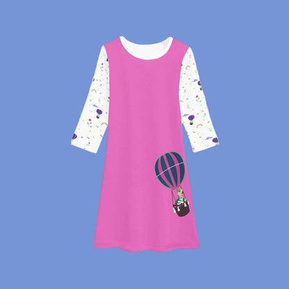 Girls long sleeve fall dress in pink with hot air balloon design, perfect for school and outdoor activities.