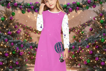 Girls long sleeve fall dress in pink with hot air balloon design, perfect for school and play.