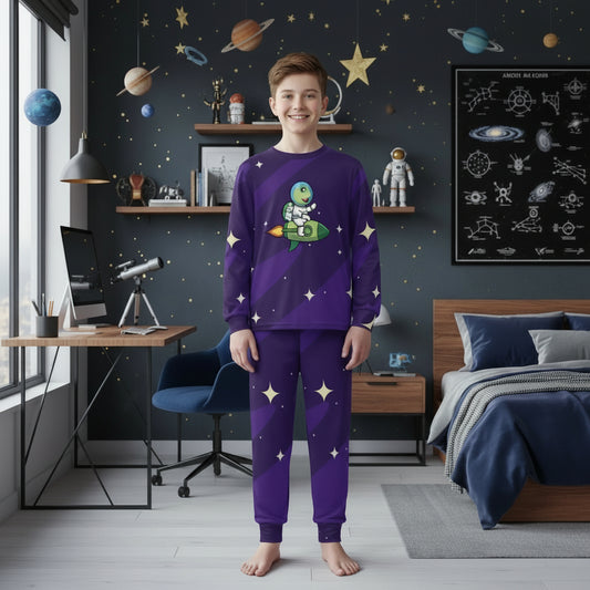 Big Boys' Crew Neck Long Pajama Set featuring Galactic Explorer design with rocket and stars, perfect for young adventurers.