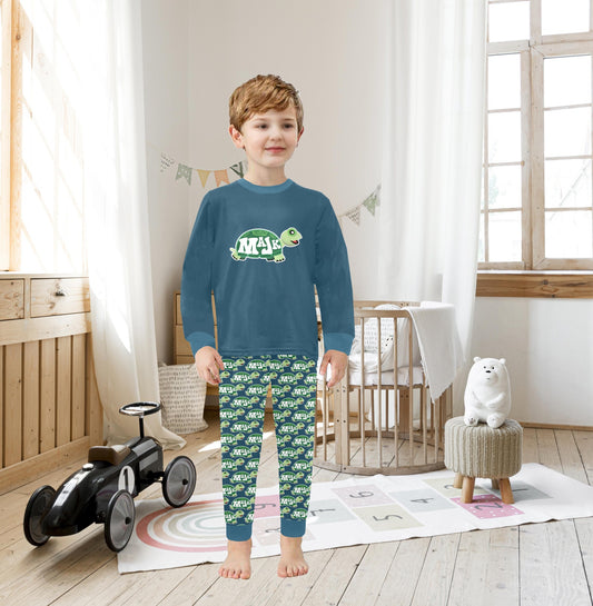 Boys 2 piece set/Crew Neck Long Pajama Set "Sleepy Turtle"
