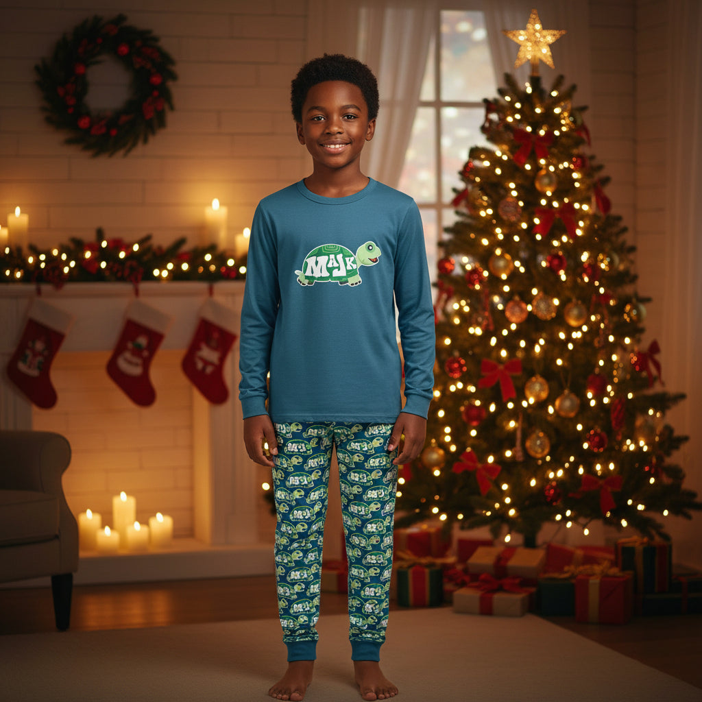 Boys 2 piece set/Crew Neck Long Pajama Set "Sleepy Turtle"
