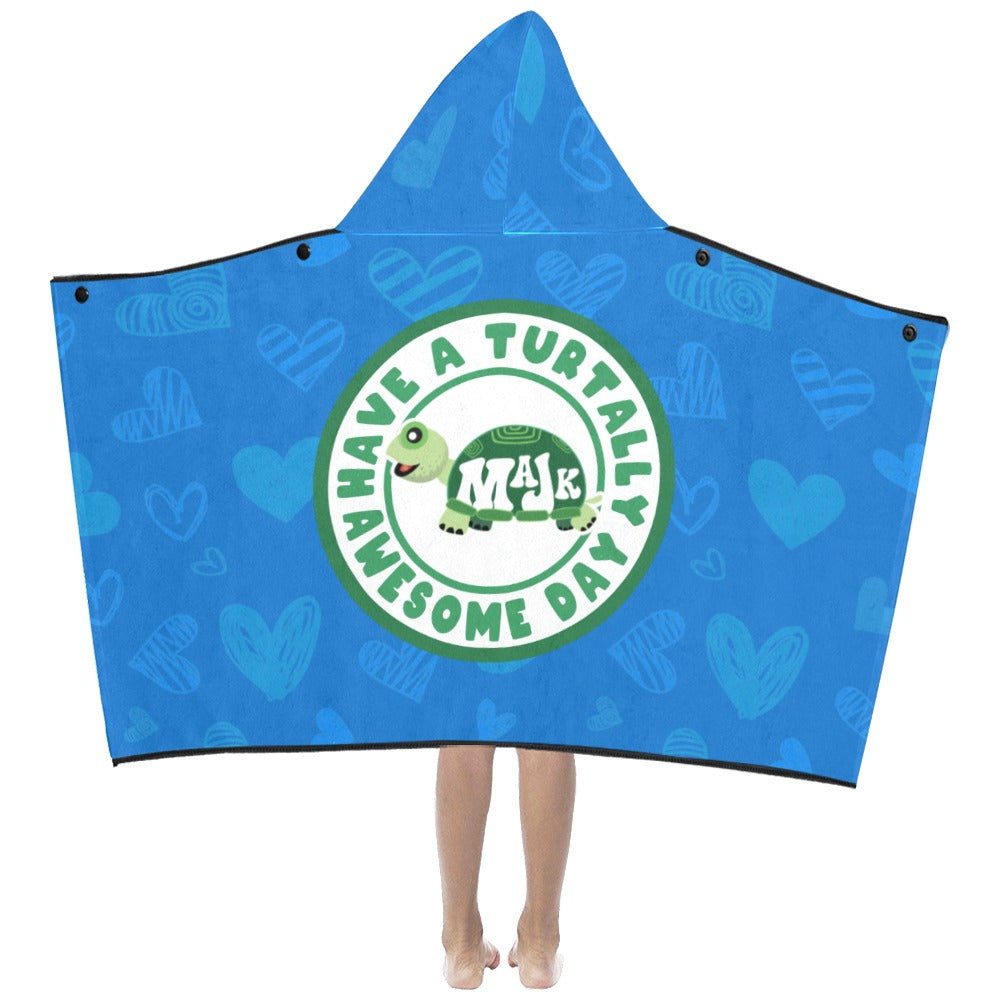 Kid's Hooded Towel -Have a Turtally Awesome Day w/ heart pattern (blue)